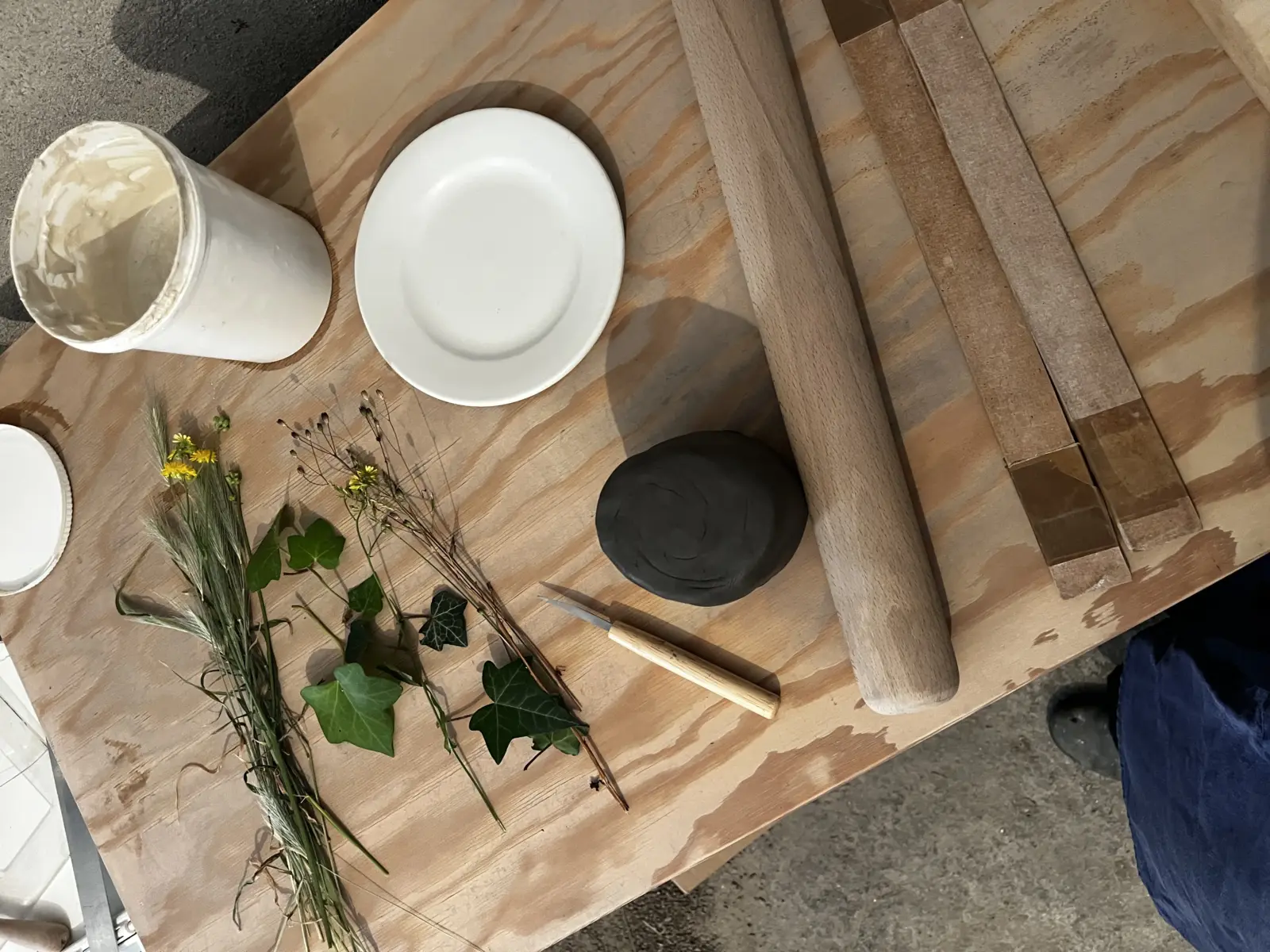 Plan de travail avec outils, plantes et argile — prêt pour un cours